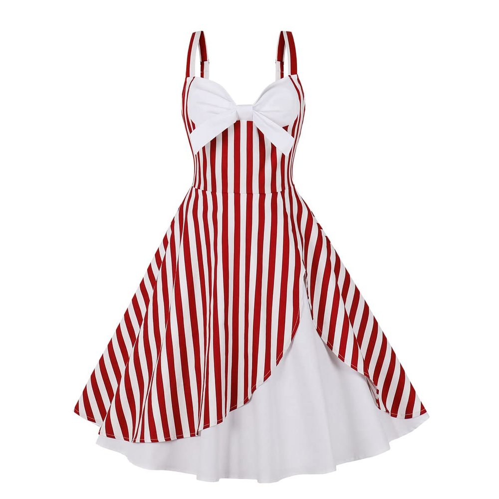1950s Dresses for Women Vintage 1940s 50s Style Audrey Hepburn Retro Sleeveless Spaghetti Strap A Line Swing Knee Length Skater Tea Party Dress Summer Cocktail Evening Prom Gown Red-Stripe S