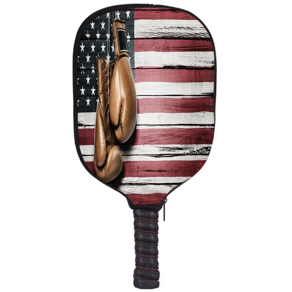 JCETUNO Pickle Ball Raquette Sleeve, American Flag and Boxing Gloves, Great Gift for Men, Women, Teens, Seniors, Kids and Adults of All Ages Who Love Pickleball Balls