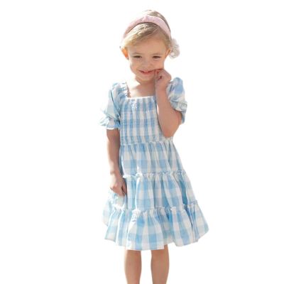 POLG Girls Summer Floral Dress Summer Kids Puff Sleeve Square Neck Smocked Flowy Sun Dresses Ruffle Bowknot Floral (A-Blue, 9-10 Years)