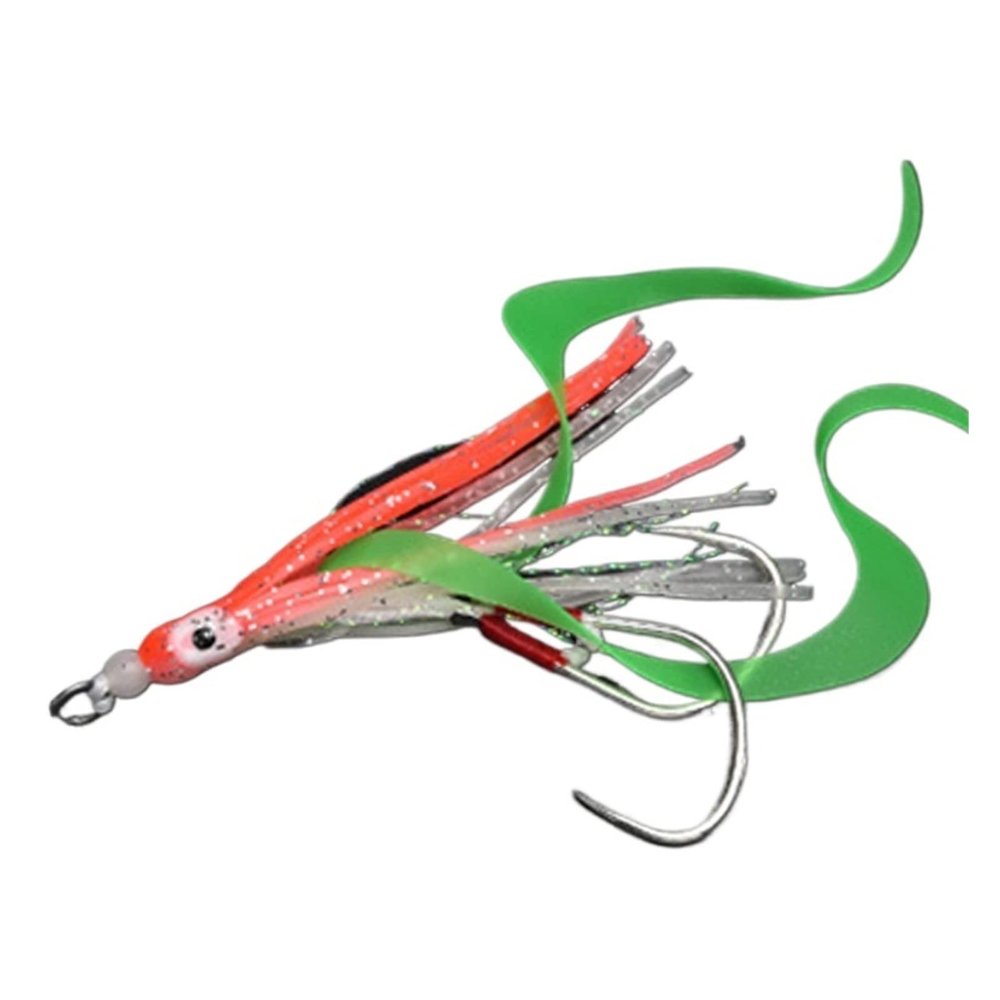 TOMYEUS Fishing Hooks 10pcs/lot Glow Assist Hooks with Squid Skirts Lumious Slow Jig Silicone Skirt Fishing Hook Sea Fishing Accessories Fishing Accessories (Color : Dark green-10pcs)