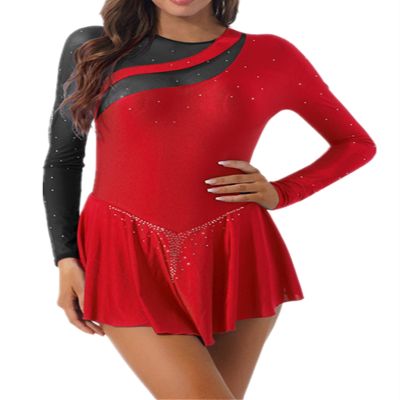 Hedmy Lyrical Women's Adult Figure Ice Skating Dress Long Sleeves Spandex Gymnastics Leotard Dress Red&Black B Large