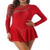 Hedmy Lyrical Women's Adult Figure Ice Skating Dress Long Sleeves Spandex Gymnastics Leotard Dress Red B Large view 1