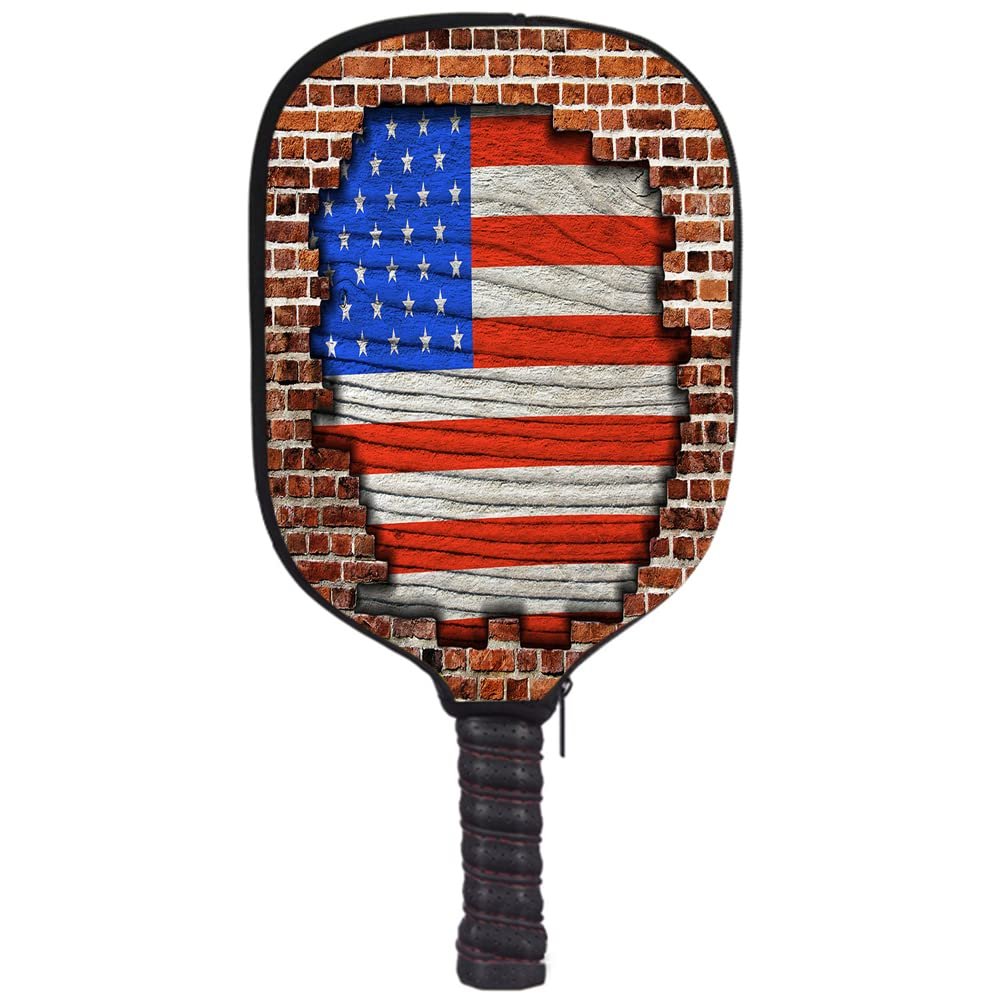 JCETUNO Neoprene Pickleball Paddle Cover Pickleball Racket Sleeve, American Flag on Old Brick Wall, Fits Most Rackets