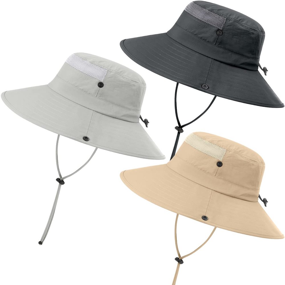 3 Pack Mens Boonie Sun Hat Women UV Protection Outdoor Bucket Hat with Wide Brim for Fishing,Hiking,Safari & Gardening (3 Pack-Dark GreyLight GreyKhaki)