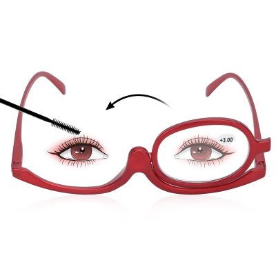 Magnifying Makeup Glasses, Single Lens Eye Make Up Glasses Rotatable Fashionable Glasses for Women (Red)(+3.00)