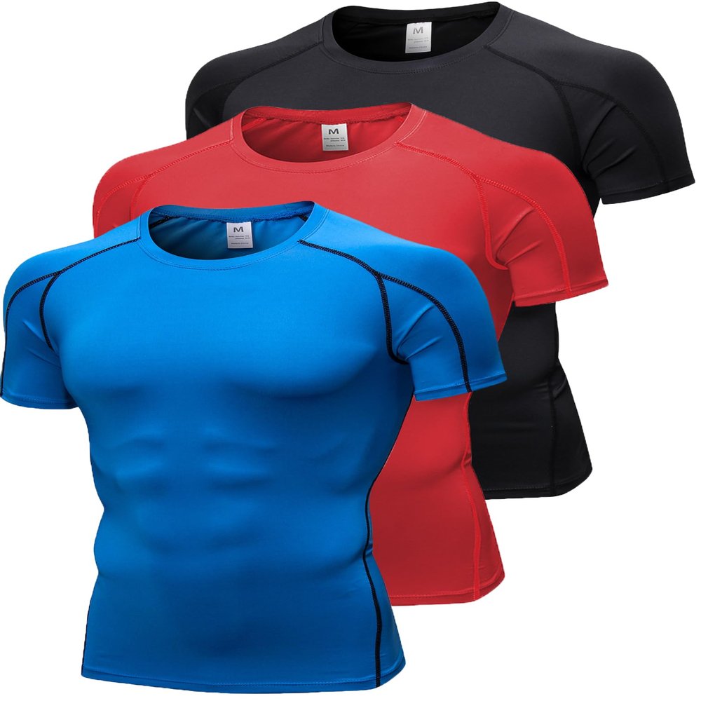 3 Pack Men's Compression Shirts Short Sleeve Workout T-Shirt Cool Dry Undershirts Baselayer Sport Cool Shirt Running Tops