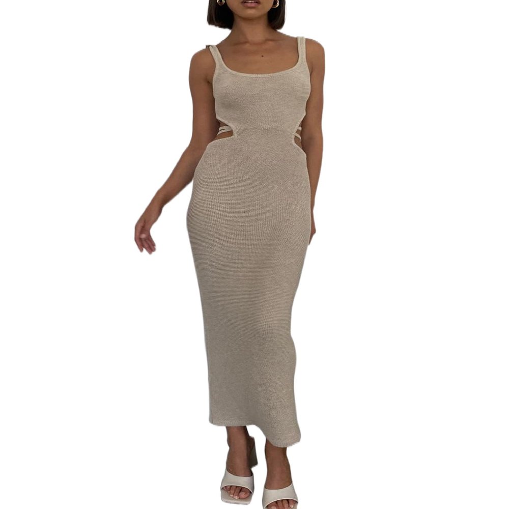 Seyumixi Women Spaghetti Strap Button Down Dress V Neck Knit Bodycon Long Dress Y2k Tank Maxi Dress(Dark Apricot,L)