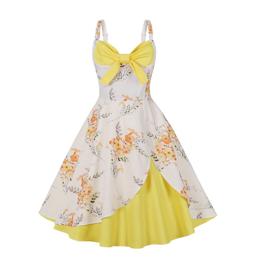 1950s Dresses for Women Vintage 1940s 50s Style Audrey Hepburn Retro Sleeveless Spaghetti Strap A Line Swing Knee Length Skater Tea Party Dress Summer Cocktail Evening Prom Gown Yellow-Floral M