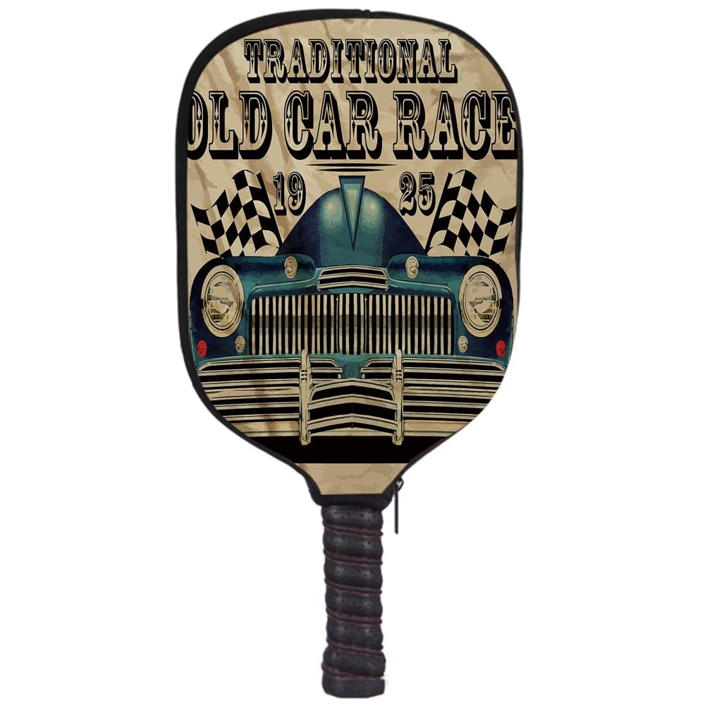 JCETUNO Lightweight Neoprene Single Pickleball Paddle Cover Holder Sleeve Case Protector, American Car with Flags Rusty, Fits Most Rackets