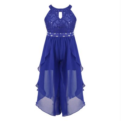 ranrann Kids Girls Sleeveless Floral Lace Shiny Rhinestone Maxi Dress Birthday Party Formal Dance Romper Gown Z Royal Blue 13-14