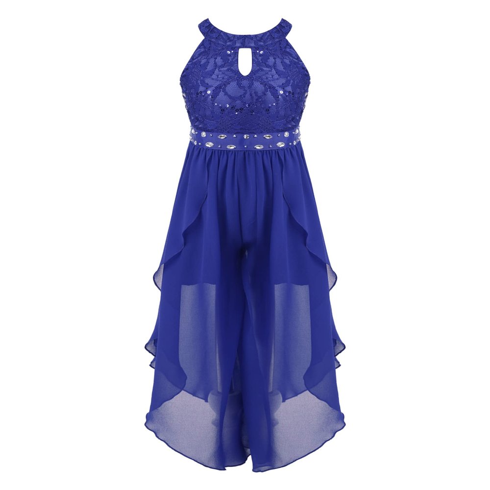 ranrann Kids Girls Sleeveless Floral Lace Shiny Rhinestone Maxi Dress Birthday Party Formal Dance Romper Gown Z Royal Blue 13-14