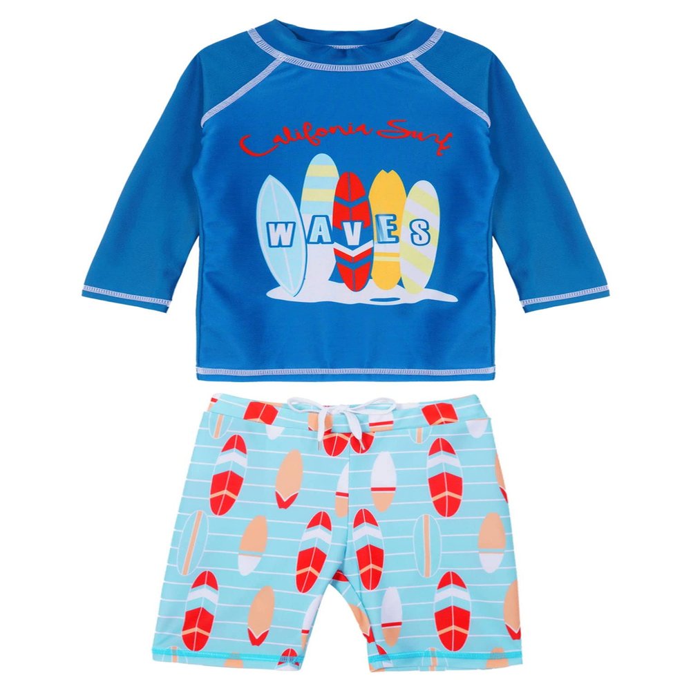 Hansber Kids Boys Rash Guard 2 Pieces Swimsuits Kids Long Sleeve UV Sun Protection Bathing Suit Swimwear Blue 6-8 Years
