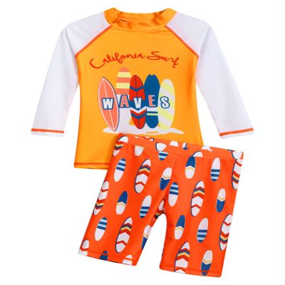 Hansber Kids Boys Rash Guard 2 Pieces Swimsuits Kids Long Sleeve UV Sun Protection Bathing Suit Swimwear Orange 5-6 Years