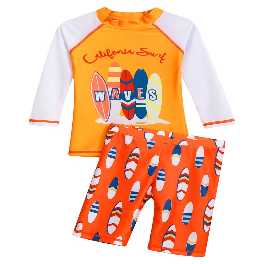 Hansber Kids Boys Rash Guard 2 Pieces Swimsuits Kids Long Sleeve UV Sun Protection Bathing Suit Swimwear Orange 5-6 Years