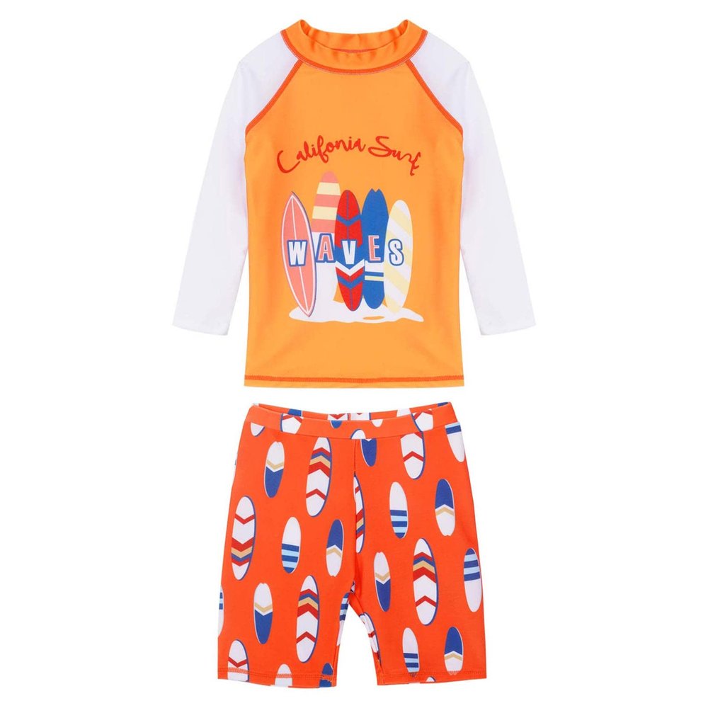 Moily Kids Boys 2PCS Shark Swimsuit UPF 50+ Rash Guard Swimwear Long Sleeves Shirts Top with Shorts Set Orange Board 6-8 Years