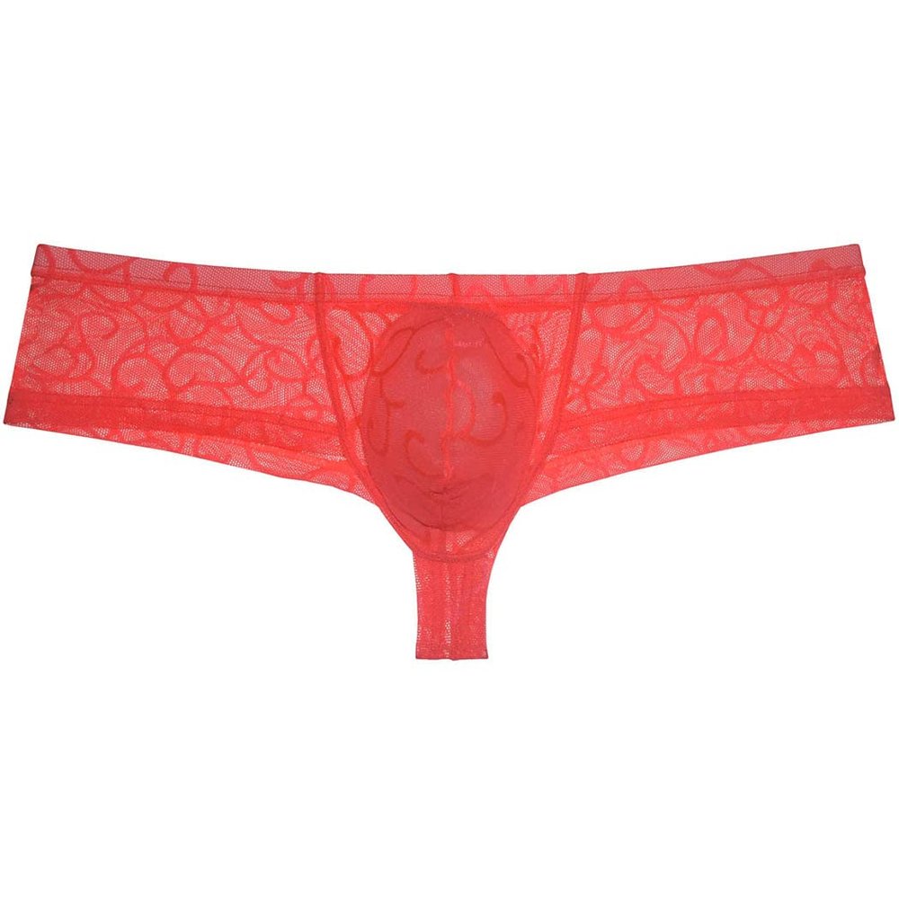 Sexy Men's See-through Cheeky Boxer Briefs Sheer Brazilian Back Bikini Thong Underwear Mens Pouch Panties Orange Red XL