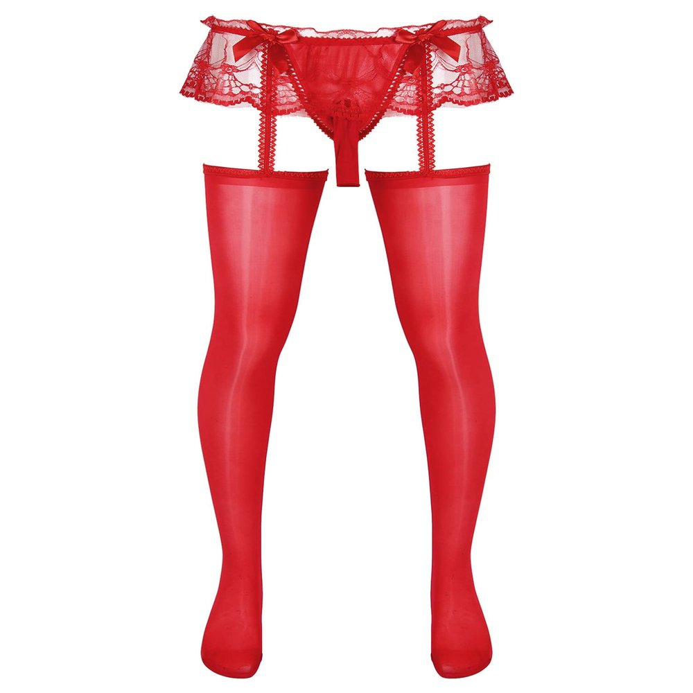 YONGHS Men's Sexy Lace Garter Belt Stockings Pantyhose Sissy Lingerie Thong for Thigh High Stocking Red A One Size