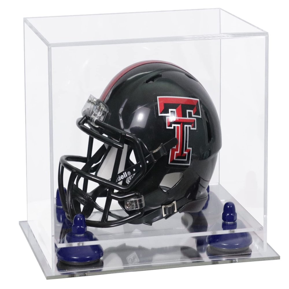 Better Display Cases Acrylic Mini - Miniature Football Helmet (not Full Size) Display Case with Clear Case, Navy Blue Risers and Mirror Base (V45/A003)