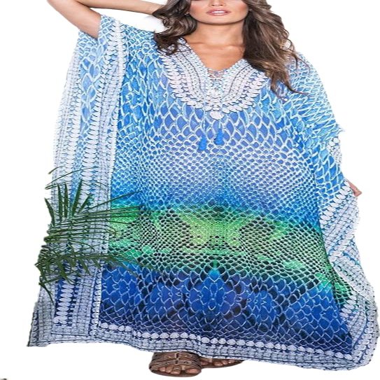 Blue Chiffon Swimsuit Cover up Kaftan Leopard Caftan Caftans Women's Vneck Draw String Batwing Sleeve Animal Flower Print Kaftan Dresses Caftans Lounge wear 21083-10 (Z Print10)