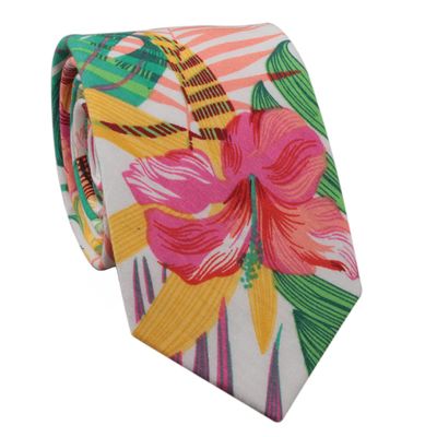 Floral Skinny Tie for Men, Print Flower Necktie for Wedding, Groomsmen, Missions, Dances, Cotton Slim Tie + Gift Box (Red Green(183))
