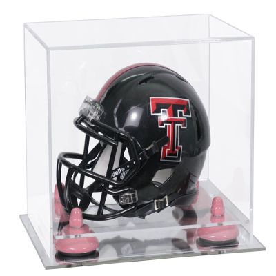 Better Display Cases Acrylic Mini - Miniature Football Helmet (not Full Size) Display Case with Clear Case, Pink Risers and Mirror Base (V45/A003)