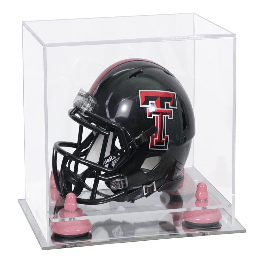 Better Display Cases Acrylic Mini - Miniature Football Helmet (not Full Size) Display Case with Clear Case, Pink Risers and Mirror Base (V45/A003)