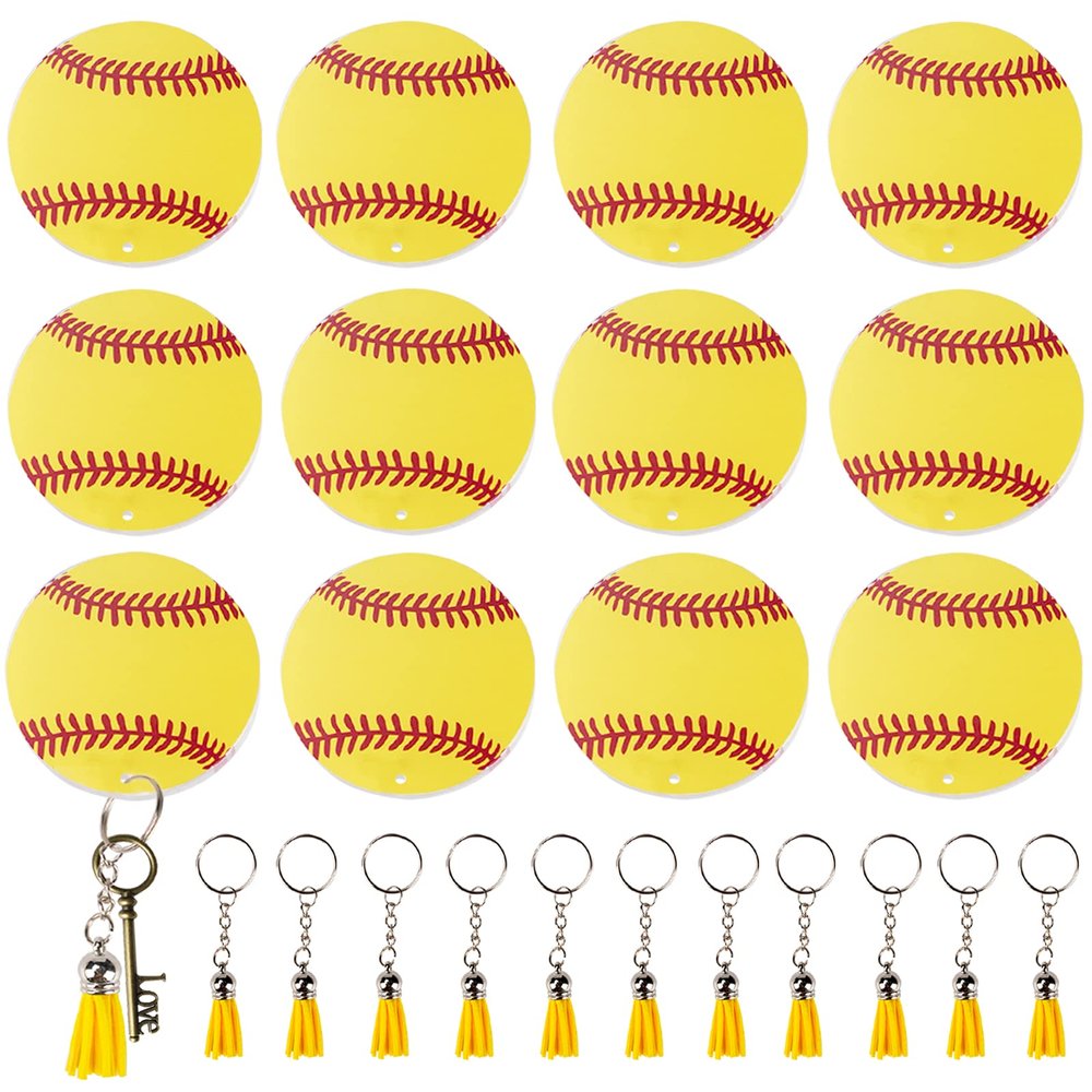 Ldntly 48PCS Softball Acrylic Keychain Blanks Kit, Softball Key Chains,Keychain Tassels,Key Chain Rings,Jump Rings,Sports Bag Charm Tag Softballs Team Athlete Coach Mom Gifts