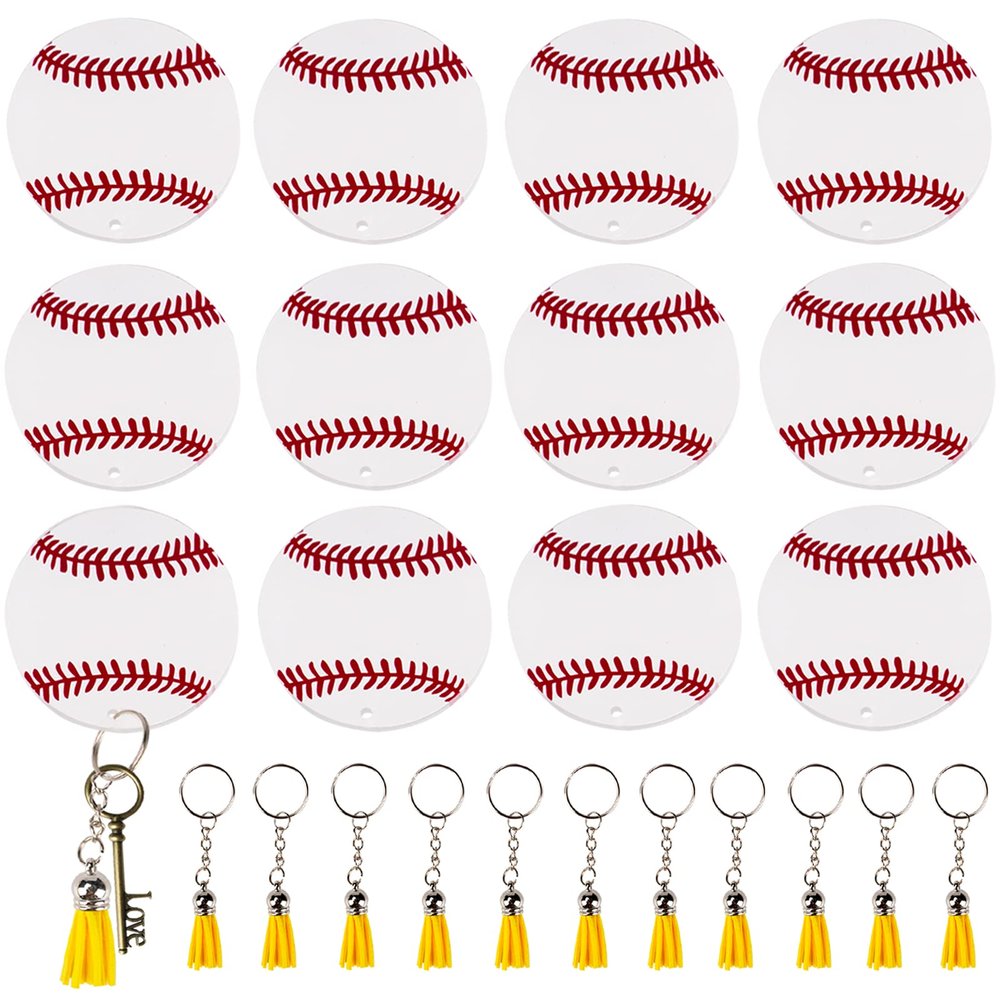 Ldntly 48PCS Baseball Acrylic Keychain Blanks Kit,Baseball Key Chains,Keychain Tassels,Key Chain Rings,Jump Rings,Baseballs Sports Bag Charm Tag Baseballs Team Athlete Coach Mom Gifts