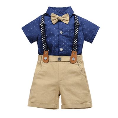 HeMarIsle Baby Toddler Boy Formal Gentleman Suits,Dress Short Blue Shirt With Bowtie+Suspender Pants Dressy Outfit (3163, 3-6 Months)