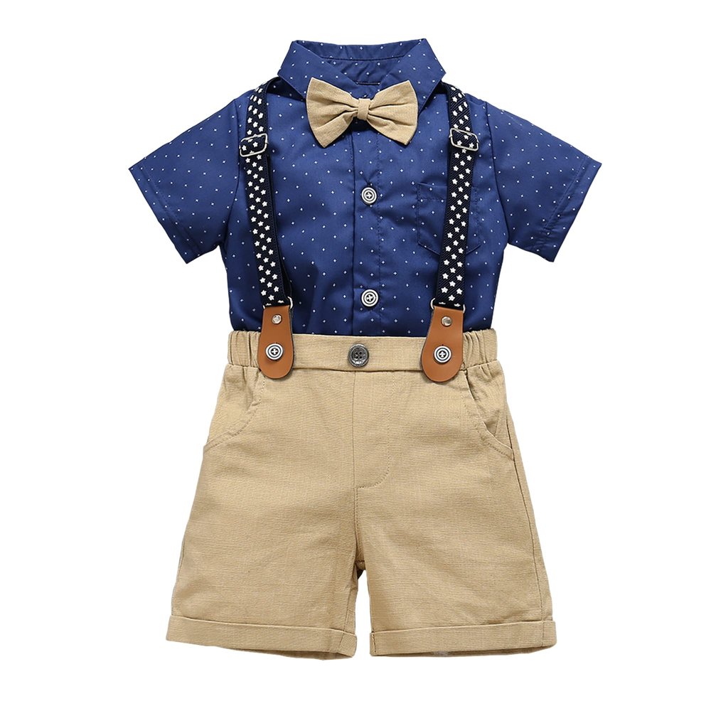 HeMarIsle Baby Toddler Boy Formal Gentleman Suits,Dress Short Blue Shirt With Bowtie+Suspender Pants Dressy Outfit (3163, 3-6 Months)