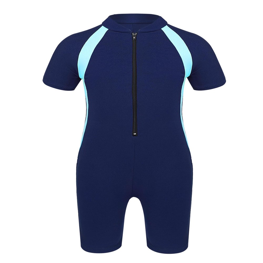 Venjoe Kids Boys Girls One-Piece Thermal Swimsuit Shorty Wetsuit Short Sleeves Zipper Rashguard Bathing Suit Navy Blue 6-8 Years