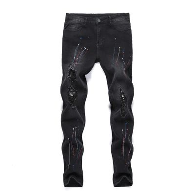 Maiyifu-GJ Mens Distressed Paint Splatter Jeans Ripped Holes Skinny Stretch Denim Pants Destroyed Slim Straight Leg Jean (Black,29)