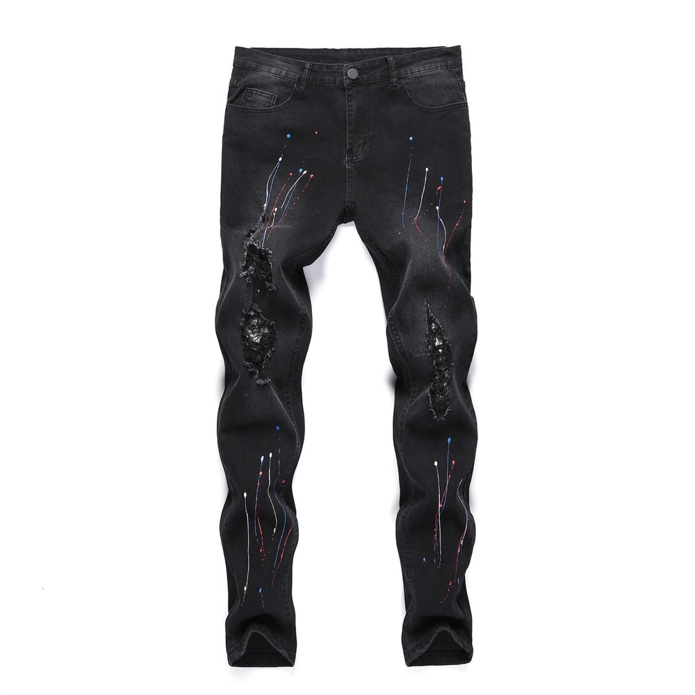 Maiyifu-GJ Mens Distressed Paint Splatter Jeans Ripped Holes Skinny Stretch Denim Pants Destroyed Slim Straight Leg Jean (Black,29)