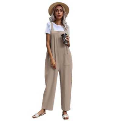 JXGSGOGO Womens Fashion Baggy Overalls Wide Leg Jumpsuits with Pockets Khaki M