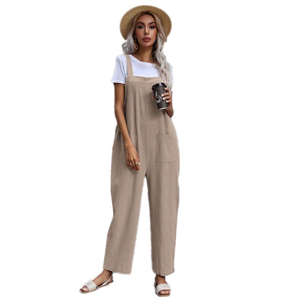 JXGSGOGO Womens Fashion Baggy Overalls Wide Leg Jumpsuits with Pockets Khaki M