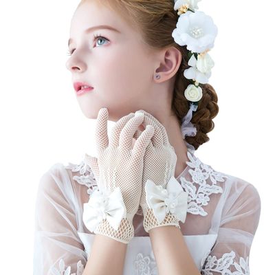 Papoopy Girls White Lace and Satin Gloves for First Communion, Princess Dress Up Costume, Tea Party, Wedding