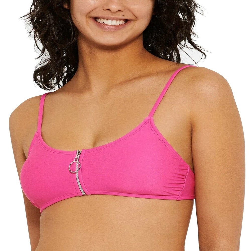 Hula Honey Womens Zipper Solid Swim Top Separates Pink XS