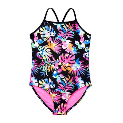 Catalina Girls Racerback One Piece Swimsuit, Black Floral Print, 4-5 US