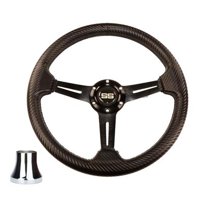 Huskey Rally Golf Cart Steering Wheel Fits Club Car Precedent 2004-Up,Tempo/Onward G&E Models,13 Inch Diameter & UV Coated PVC Material W/Carbon Fiber Pattern,Including a 5/6 Hole Chrome Adapter