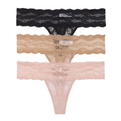 b.tempt'd by Wacoal Women's Lace Kiss Thong Panty 3 pack, Rose Smoke, Au Natural, Night, Small