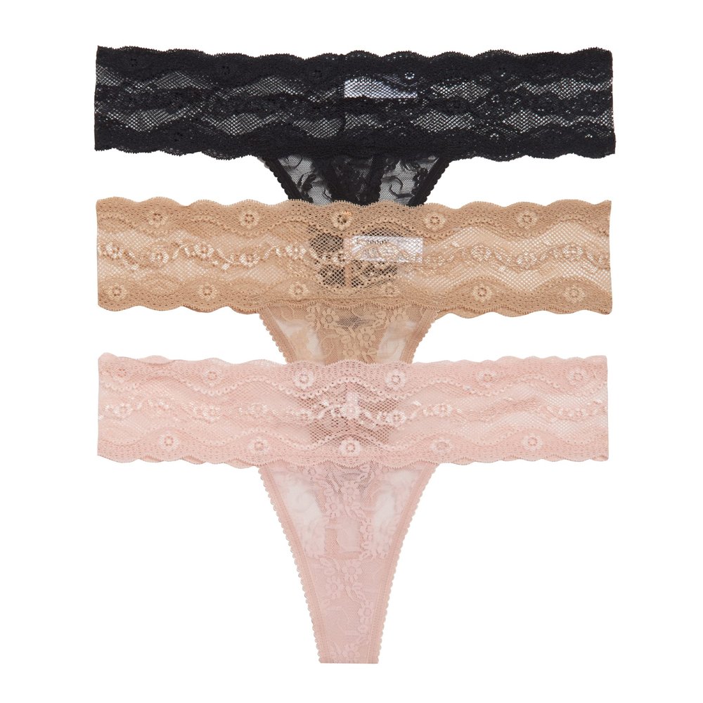 b.tempt'd by Wacoal Women's Lace Kiss Thong Panty 3 pack, Rose Smoke, Au Natural, Night, Small