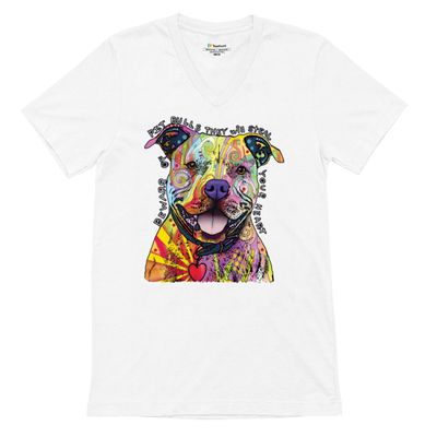Beware of Pit Bull V-Neck T-Shirt Dean Russo Art Colorful Cute Dog Tee White Small