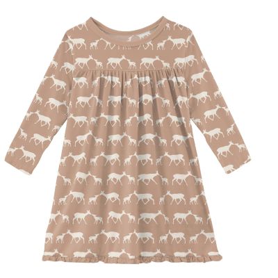 KicKee Print Long Sleeve Swing Dress for Girls, Soft Girl Clothes, Baby and Kid (Doe and Fawn - 18-24 Months)