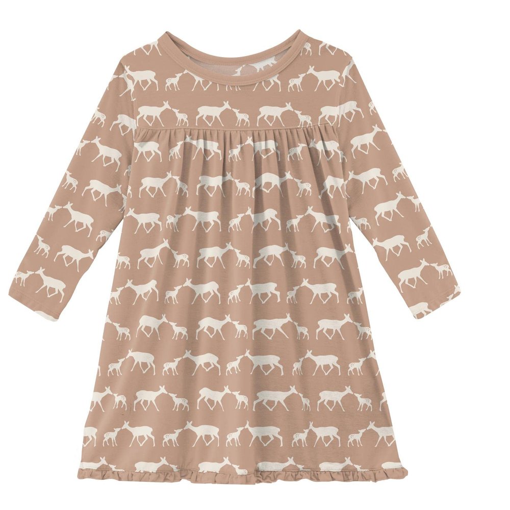 KicKee Print Long Sleeve Swing Dress for Girls, Soft Girl Clothes, Baby and Kid (Doe and Fawn - 18-24 Months)