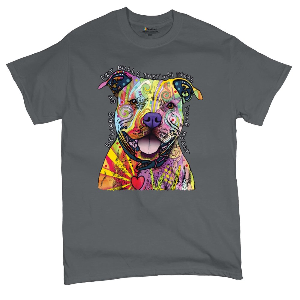 Beware of Pit Bull T-Shirt Dean Russo Art Colorful Cute Dog Men's Tee Charcoal XX-Large