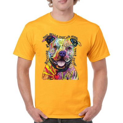 Beware of Pit Bull T-Shirt Dean Russo Art Colorful Cute Dog Men's Tee Yellow XX-Large