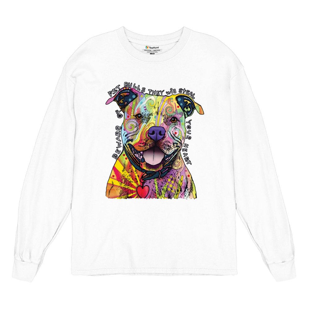 Beware of Pit Bull Long Sleeve T-Shirt Dean Russo Art Colorful Cute Dog White Small