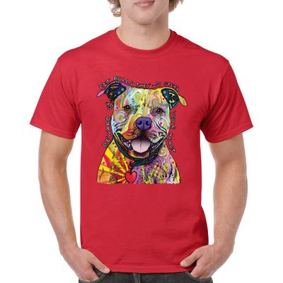 Beware of Pit Bull T-Shirt Dean Russo Art Colorful Cute Dog Men's Tee Red XX-Large