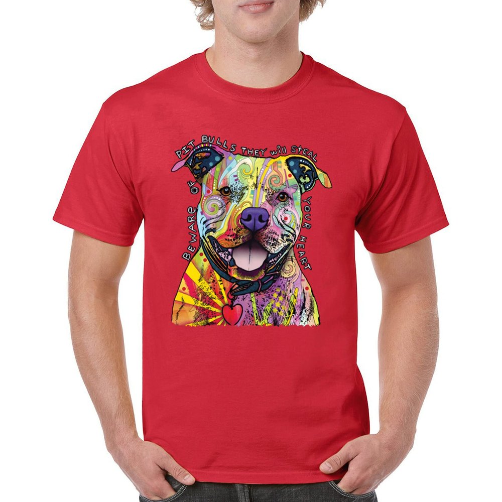 Beware of Pit Bull T-Shirt Dean Russo Art Colorful Cute Dog Men's Tee Red XX-Large