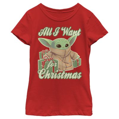 The Mandalorian Girl's Star Wars Grogu All I Want for Christmas T-Shirt - Red - X Large